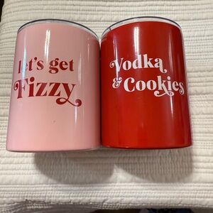 Red 'Vodka & Cookies' and Pink Let's Get Fizzy Red and Pink colors.
